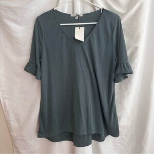 Elegant dark greenish gray NEW V-Neck Top with ruffled short sleeves, sz Large